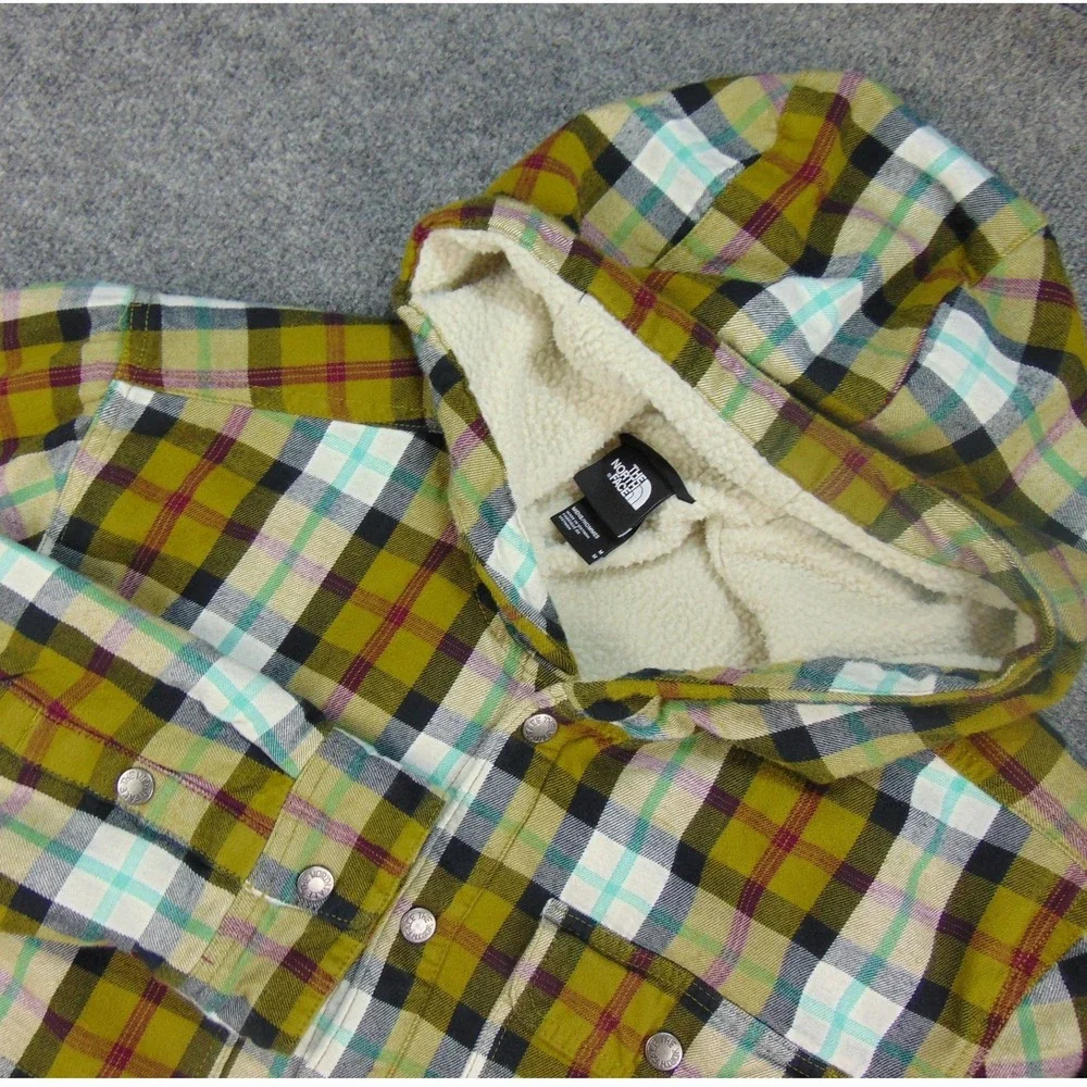 The‎ North Face Shacket Mens Medium Plaid Green Hooded Sherpa Lined Gorpcore